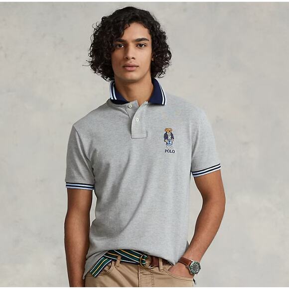 POLO Ralph Lauren Men's Large Polo Bear Gray Mesh Polo Shirt Classic Fit Preppy